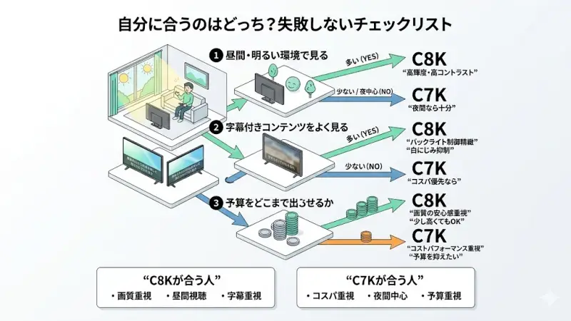 TCL C8KとC7Kで迷っている場合は、スペックを細かく比較するよりも「自分の使い方に合っているか」で判断するのが失敗しない選び方です。