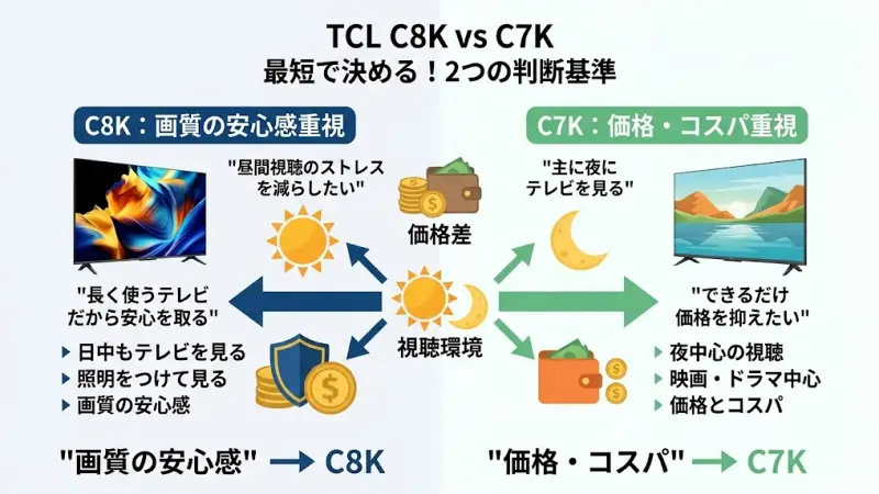 TCL C8KとC7Kで迷っている場合、細かいスペックを比較するよりも「価格差」と「視聴環境」の2つで判断するのが最もシンプルな方法です。