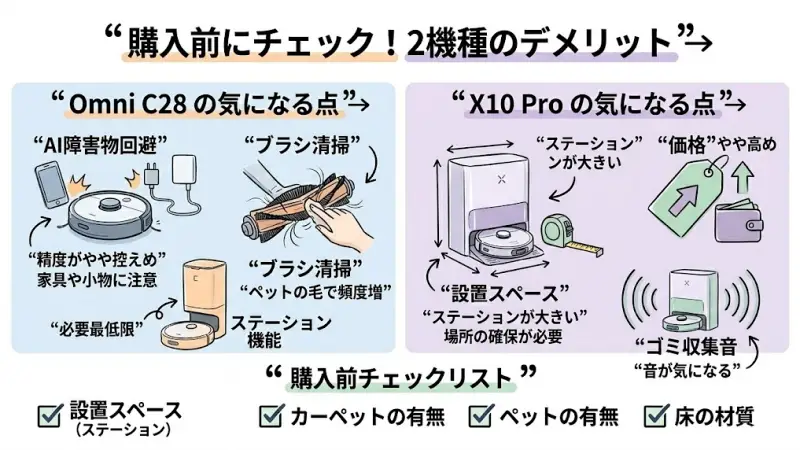 Omni C28とX10 Proはどちらも高性能なロボット掃除機ですが、完璧な製品というわけではありません。