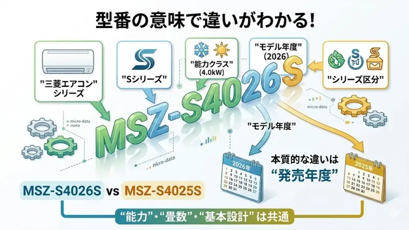 MSZ-S4026SとMSZ-S4025Sの違いを正しく理解するには、まず三菱エアコンの型番ルールを知っておくとわかりやすくなります。