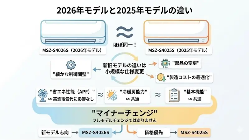 MSZ-S4026Sは2026年モデル、MSZ-S4025Sは2025年モデルです。