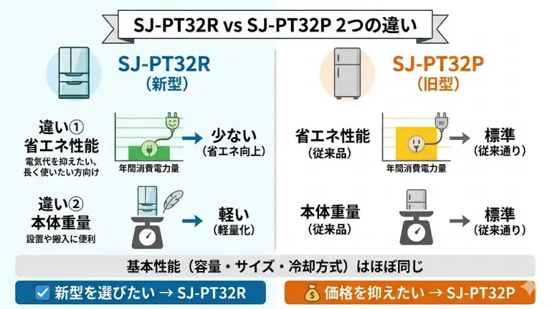 SJ-PT32RとSJ-PT32Pは型番が違うため、大きな性能差があるように見えますが、実際には大きな違いは多くありません。