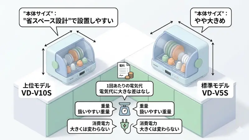 VD-V10SとVD-V5Sはどちらもコンパクトな食器乾燥機ですが、サイズには少し違いがあります。