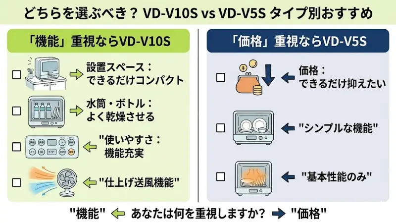 VD-V10SとVD-V5Sはどちらも使いやすい食器乾燥機ですが、重視するポイントによっておすすめのモデルが変わります。