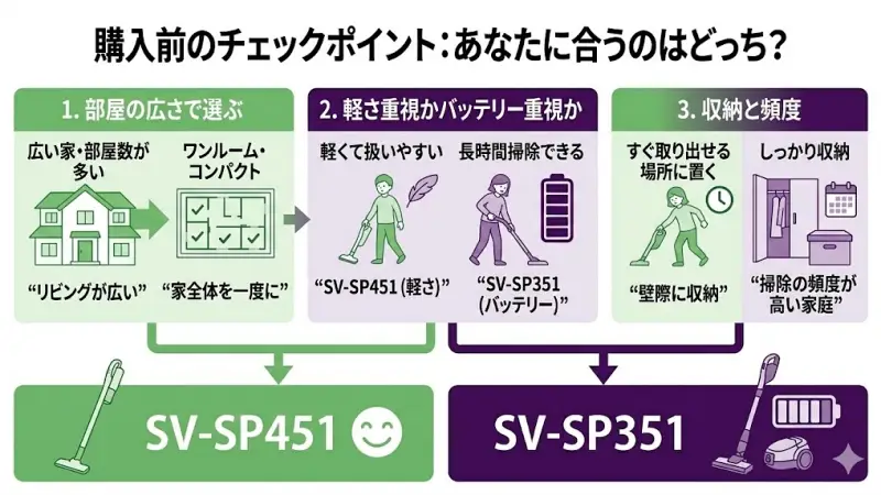 SV-SP451とSV-SP351のどちらを選ぶか迷った場合は、実際の使い方に合っているかを基準に考えることが大切です。