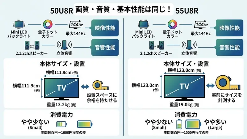 50U8Rと55U8Rのスペック比較｜画質や性能に違いはある？