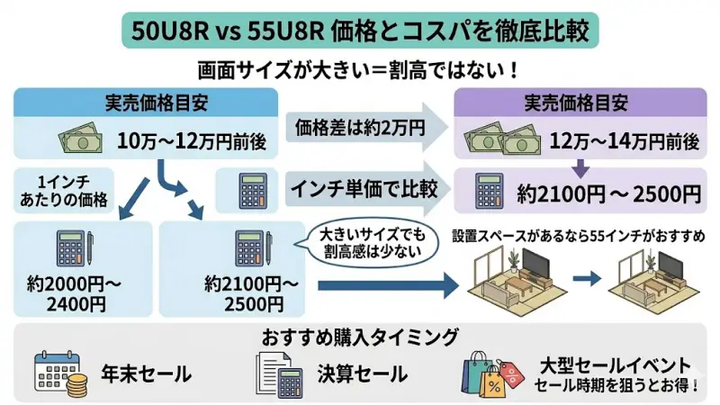 50U8Rと55U8Rを選ぶときに、多くの人が気になるのが価格差です。