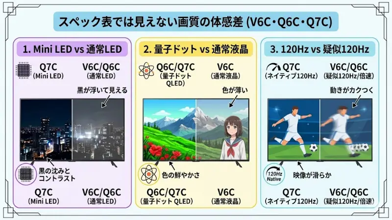 スペックだけでは分からない「体感差」がいくつかあります。

とくにTCLのV6C・Q6C・Q7Cでは、次のポイントが映像体験に大きく影響します。