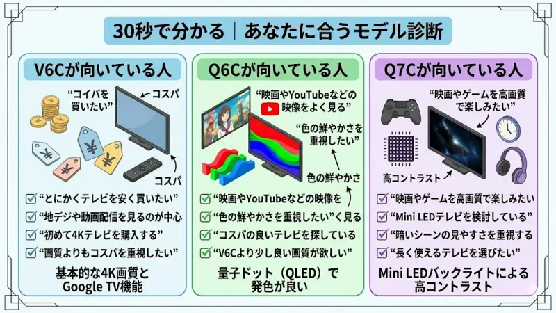 V6Cは、TCL Amazon限定モデルの中でも価格重視のエントリーモデルです。