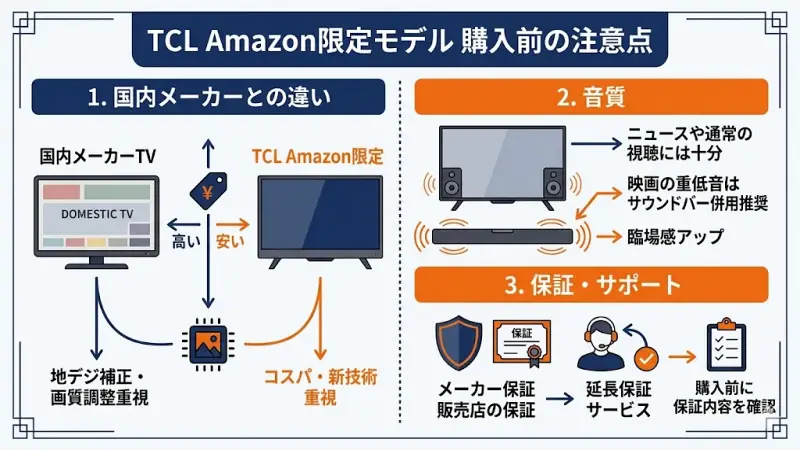 TCLのAmazon限定モデルはコスパが高いテレビですが、購入前に知っておきたいポイントもあります。