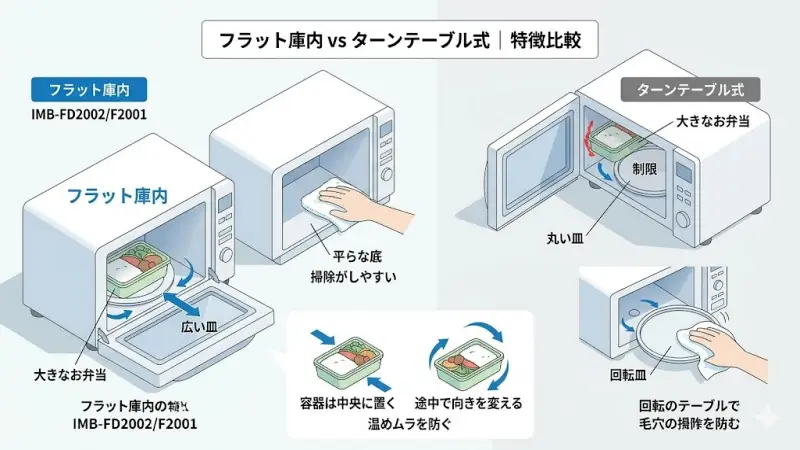 IMB-FD2002とIMB-F2001はどちらもフラット庫内タイプの電子レンジです。