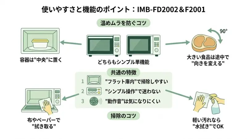 IMB-FD2002とIMB-F2001はどちらもシンプルな単機能レンジですが、細かい部分で使い勝手の違いがあります。