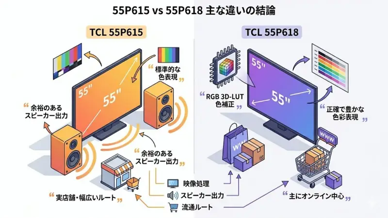 結論|55P615と55P618の主な違い