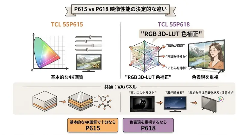 55P615と55P618はどちらも4K解像度の液晶テレビですが、映像処理のアプローチに違いがあります。