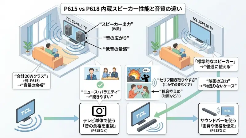 55P615と55P618は基本設計が近いモデルですが、スピーカー構成の表記には違いが見られるケースがあります。
