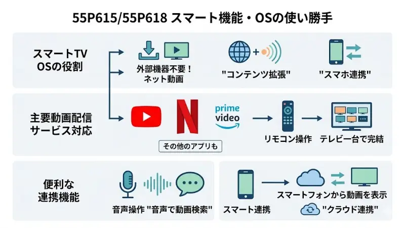 55P615と55P618も、YouTubeやNetflixなどの配信サービスに対応したスマートテレビとして利用できます。