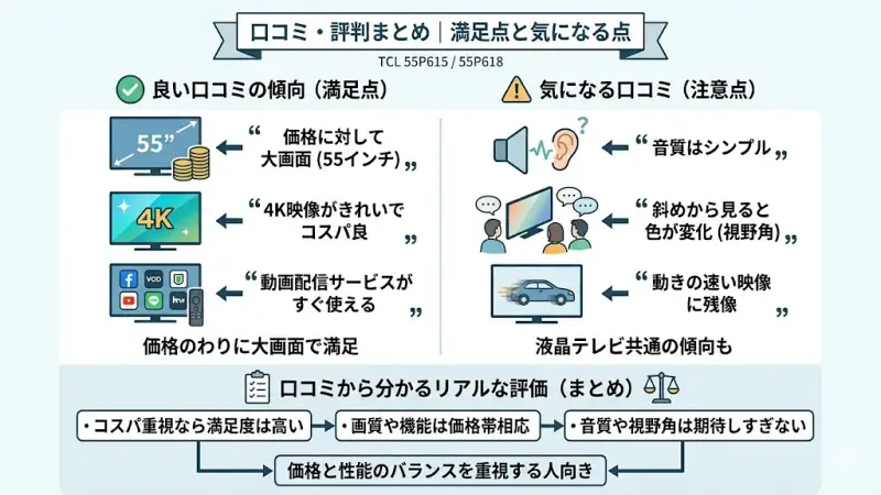55P615と55P618は、コストパフォーマンスの高い4Kテレビとして選ばれることが多いモデルです。