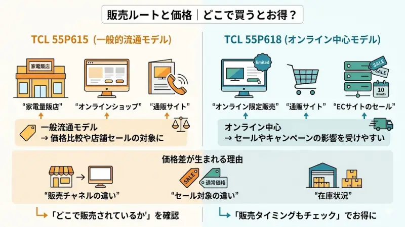 55P615と55P618は、基本的な性能が近いモデルですが、販売ルート(流通経路)に違いが見られることがあります。