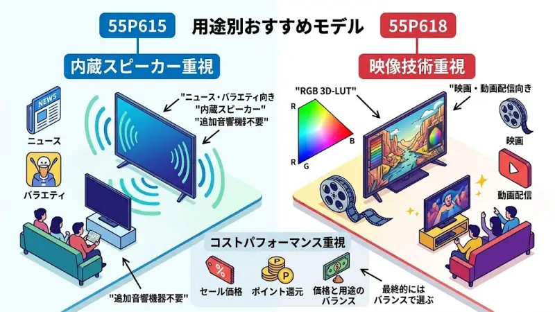 55P615と55P618は基本性能が近いテレビですが、重視するポイントによって向いているモデルが変わります。
