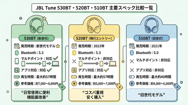 JBL Tune 530BTと520BTの違いを一覧で比較