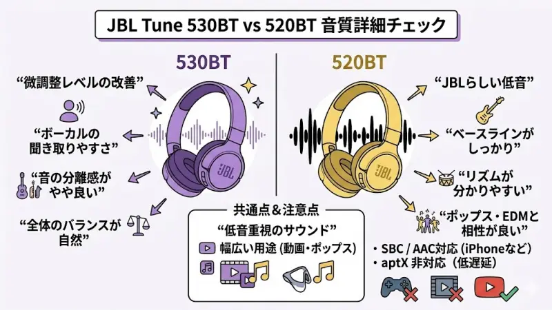 JBL Tune 530BTと520BTはどちらも同じ500シリーズに属しており、基本的な音の方向性はかなり似ています。