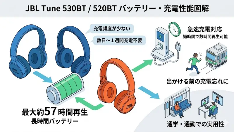 JBL Tune 530BTと520BTはどちらもバッテリー性能が高く、エントリークラスのヘッドホンとしてはかなり長時間使えるモデルです。