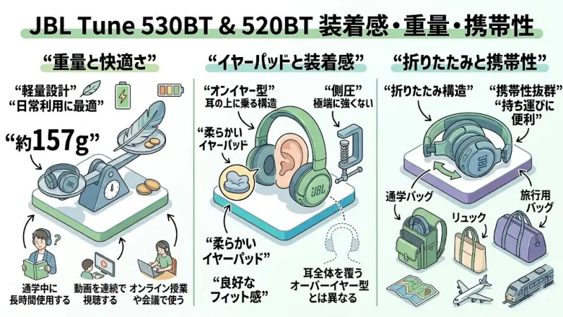 JBL Tune 530BTと520BTはどちらも比較的軽量なオンイヤー型ヘッドホンで、日常利用しやすい設計になっています。