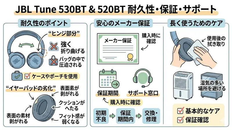 JBL Tune 530BTと520BTの耐久性やサポートについて整理します。