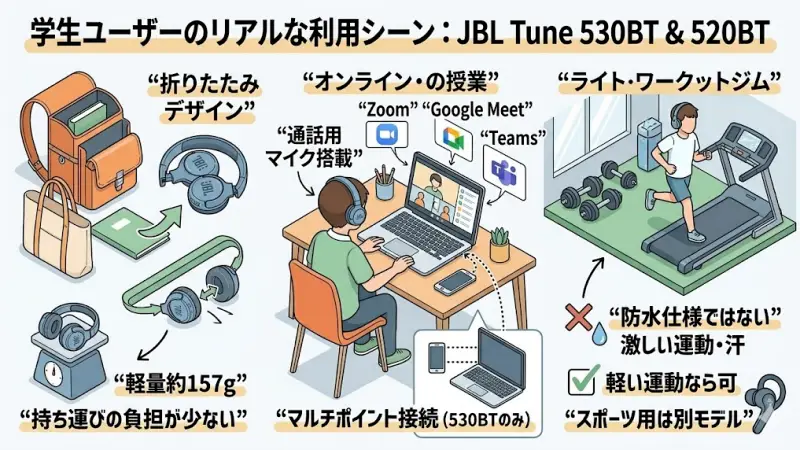 JBL Tune 530BTと520BTは、比較的手頃な価格と軽さから学生ユーザーにも人気のBluetoothヘッドホンです。