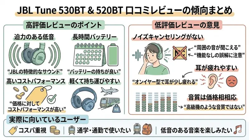 JBL Tune 530BTと520BTは、比較的手頃な価格帯のモデルとして多くのレビューが投稿されています。