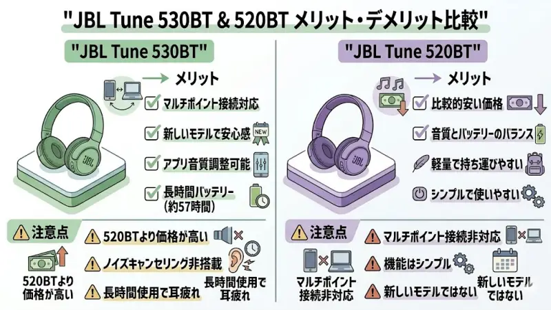 JBL Tune 530BTと520BTはどちらも人気のBluetoothヘッドホンですが、それぞれ特徴があります。