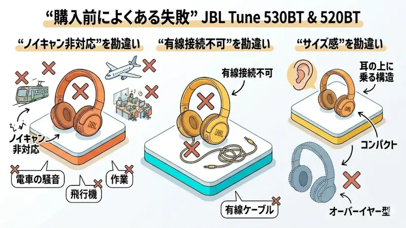 JBL Tune 530BTと520BTでも、いくつかよくある勘違いがあります。
