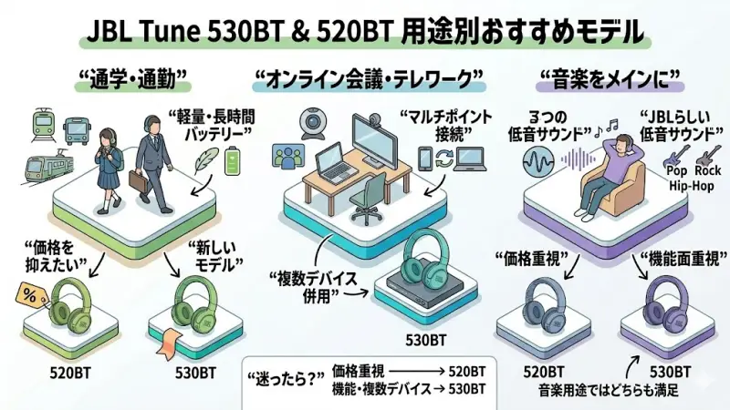 JBL Tune 530BTと520BTはどちらもコスパの良いBluetoothヘッドホンですが、使い方によって向いているモデルが変わることがあります。
