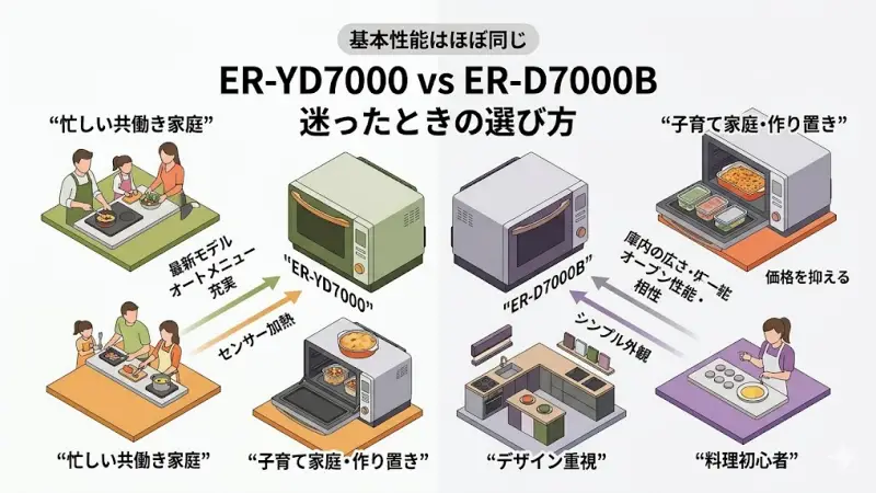 ER-YD7000とER-D7000Bは基本性能が近いため、どちらを選べばよいか迷う人も多いでしょう。