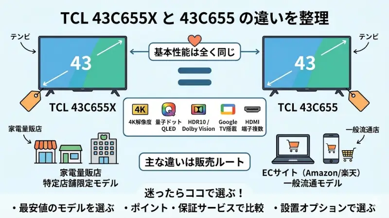 TCL 43C655Xと43C655の違いを結論から解説