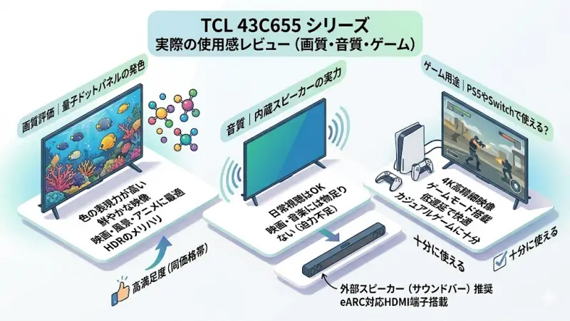 43C655シリーズを実際に使用した場合の画質・音質・ゲーム用途などのポイントを整理します。