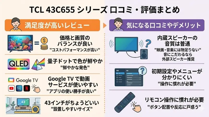 43C655シリーズについても、ECサイトやレビューサイトにはさまざまな口コミが投稿されています。