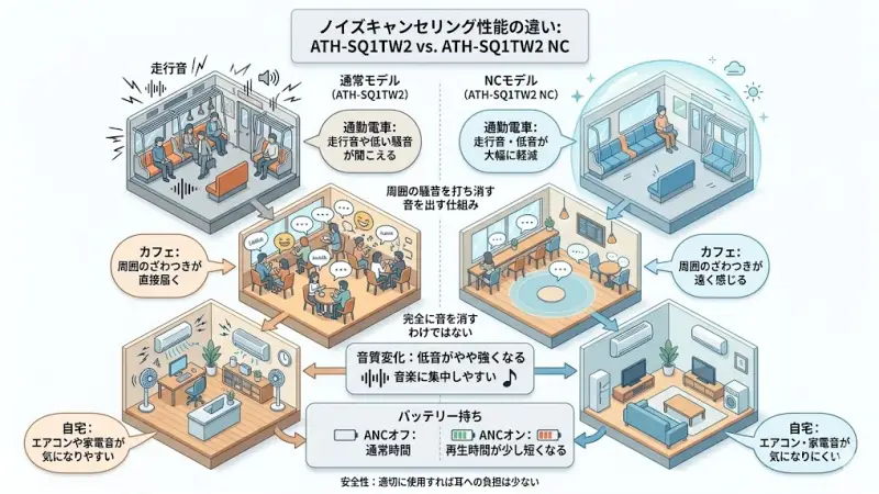 ATH-SQ1TW2とATH-SQ1TW2 NCの最も大きな違いは、アクティブノイズキャンセリング（ANC）の有無です。