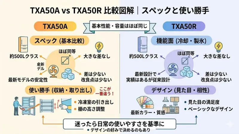 TXA50AとTXA50Rは「ほぼ同じ」と言われることが多いですが、実際には細かな使い勝手や感じ方に差が出るポイントがあります。