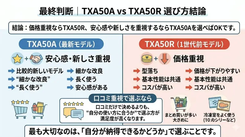 ここまでの内容を踏まえて、TXA50AとTXA50Rの選び方を最終的に整理します。