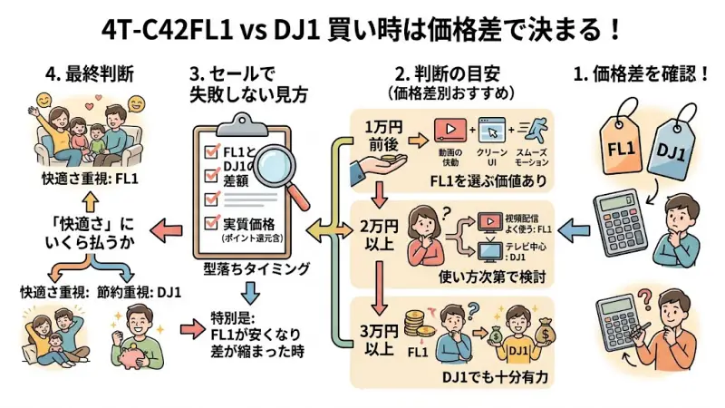 4T-C42FL1と4T-C42DJ1は、どちらが優れているかではなく「価格差に見合う価値があるか」で選ぶのが正解です。
