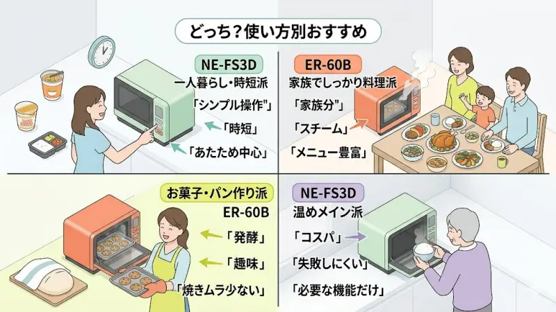 家族分の料理を作る方や、調理の幅を広げたい方にはER-60Bが向いています。