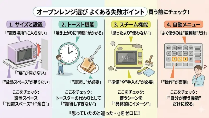 「トーストも焼ける」と思って購入する方は多いですが、注意が必要です。
オーブンレンジのトースト機能は、
焼き上がりに時間がかかる
途中で裏返しが必要な場合がある