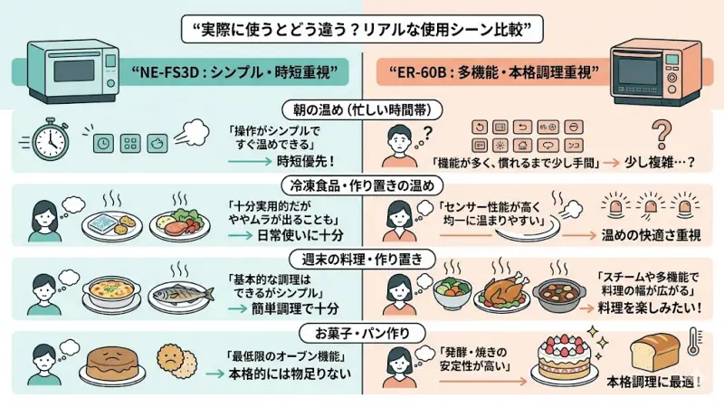NE-FS3D:ボタン操作がシンプルですぐ温めできる
ER-60B:機能が多く、慣れるまで少し手間に感じることも
