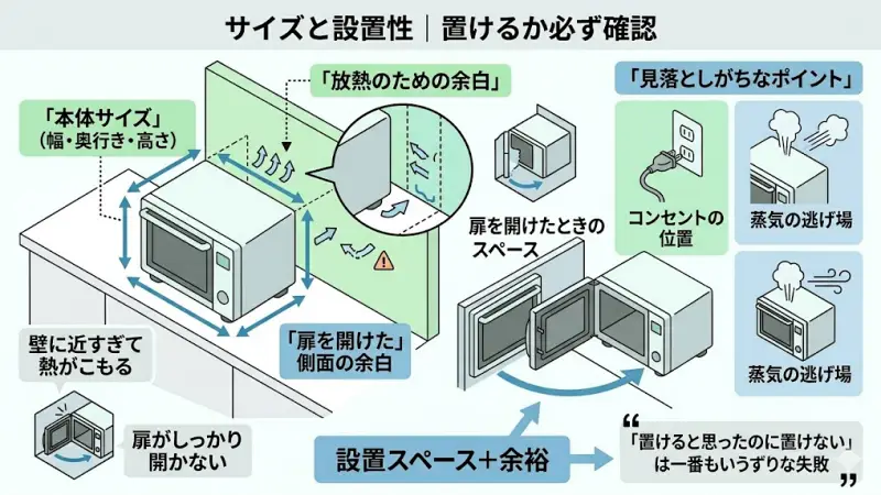 オーブンレンジ選びで見落としがちですが、「そもそも置けるかどうか」は最重要ポイントです。