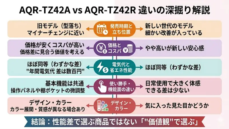 AQR-TZ42AとTZ42Rの違いをもう少し具体的に見ていきます。