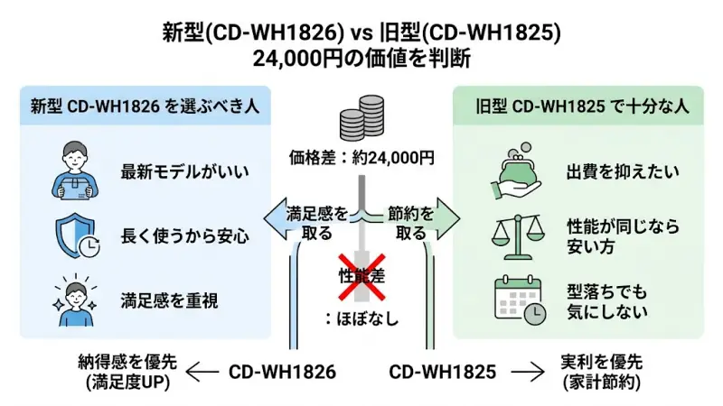 CD-WH1826とCD-WH1825で悩む一番のポイントは、やはり価格差です。