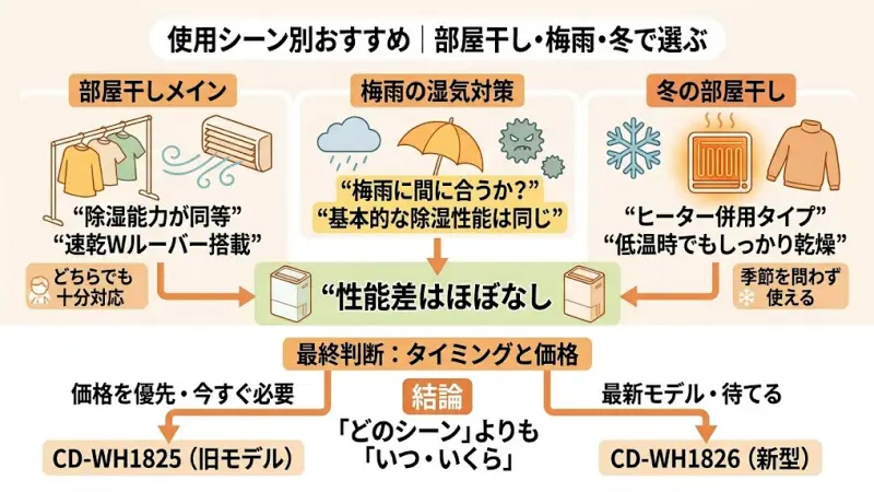 CD-WH1826とCD-WH1825は性能がほぼ同じですが、使うシーンによっておすすめの選び方が変わります。