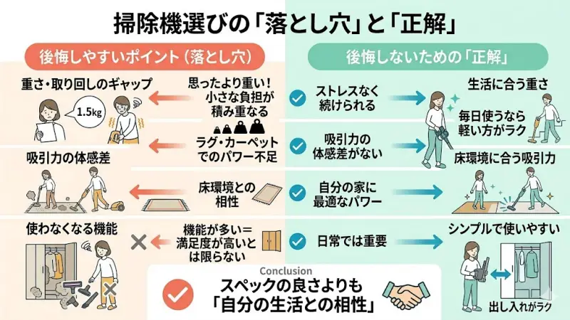 掃除機選びでよくあるのが、「スペックでは納得したのに、使ってみたら違った」という後悔です。
ここでは、実際に起こりやすい失敗パターンを整理しておきます。
事前に知っておくだけで、購入後の満足度は大きく変わります。