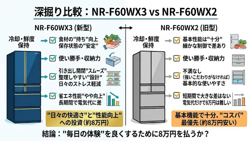 NR-F60WX3とNR-F60WX2の違いをより具体的に解説していきます。